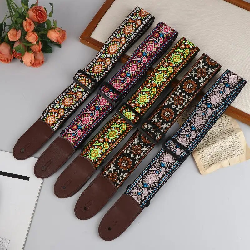 Embroidered Guitar Strap – Adjustable PU Leather & Cotton