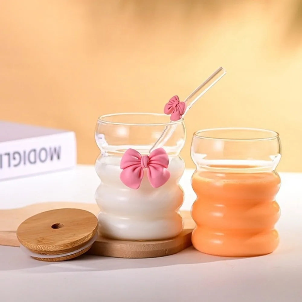 Wave Glass Cup with Wooden Lid, Bowtie Decor & Straw – 350ml