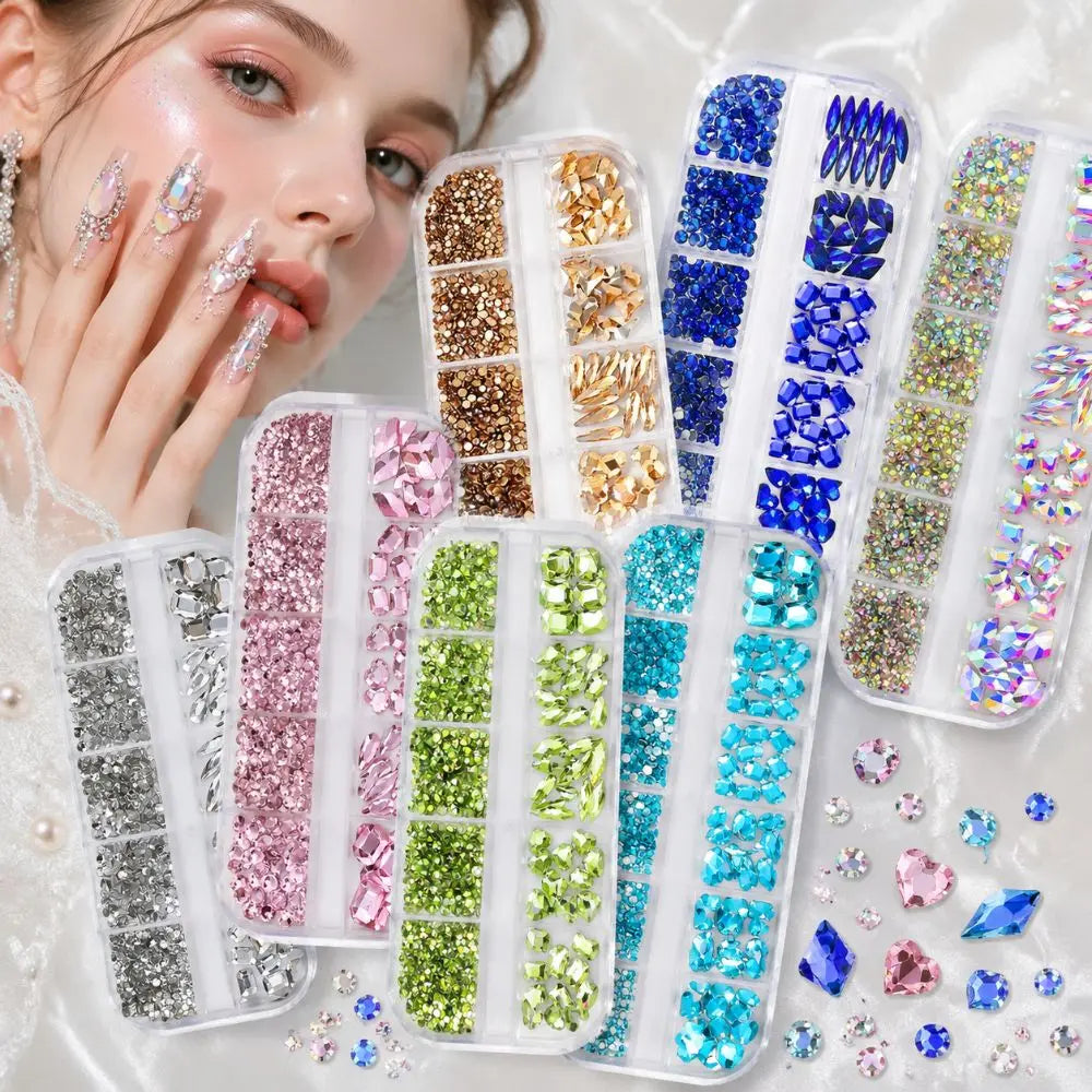 12-Grid 3D Nail Art Rhinestones – Mixed Flatback Gems & Charms