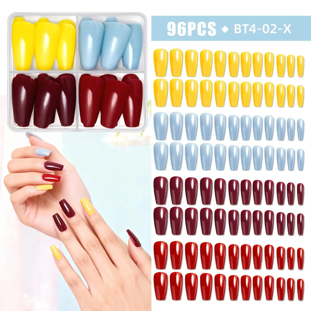 96-Pack Coffin Press On Nails – Matte Mix Color Full Cover Tips
