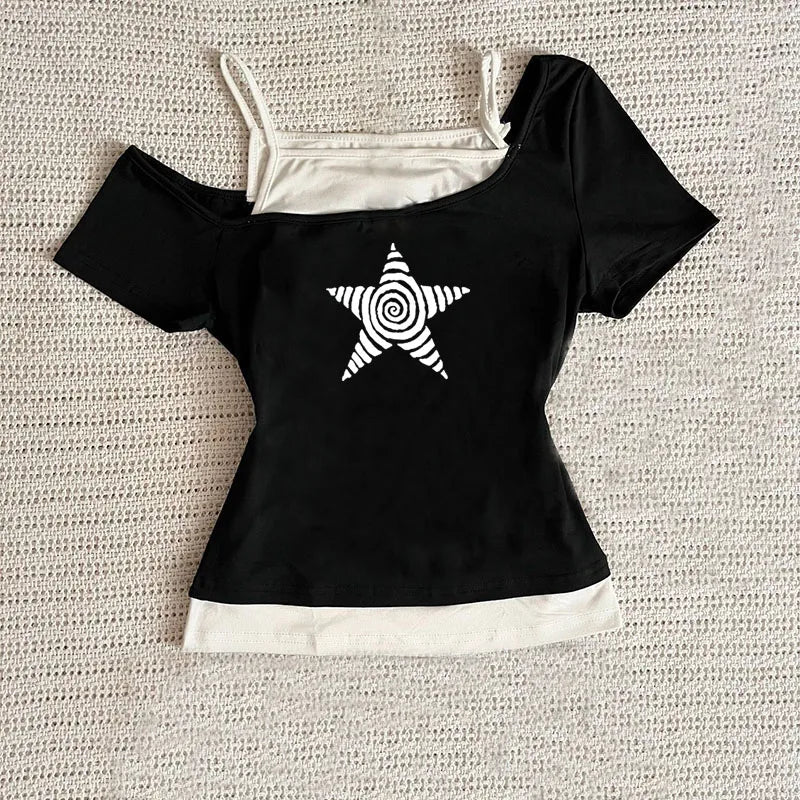 Women's Y2K Harajuku Halter Neck Fake Two-Piece Print T-Shirt