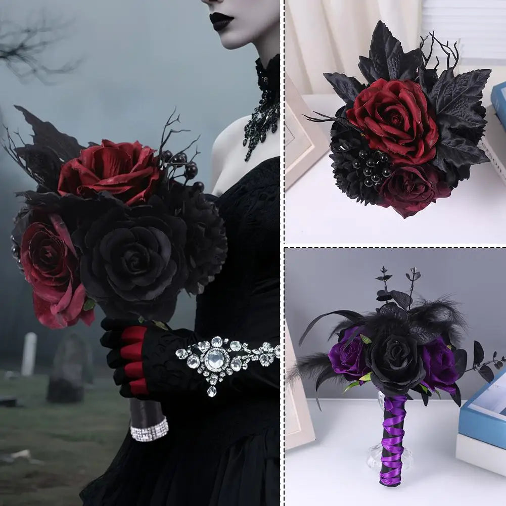 Gothic Black Burgundy Bridal Bouquet – Silk Rose Wedding Flowers