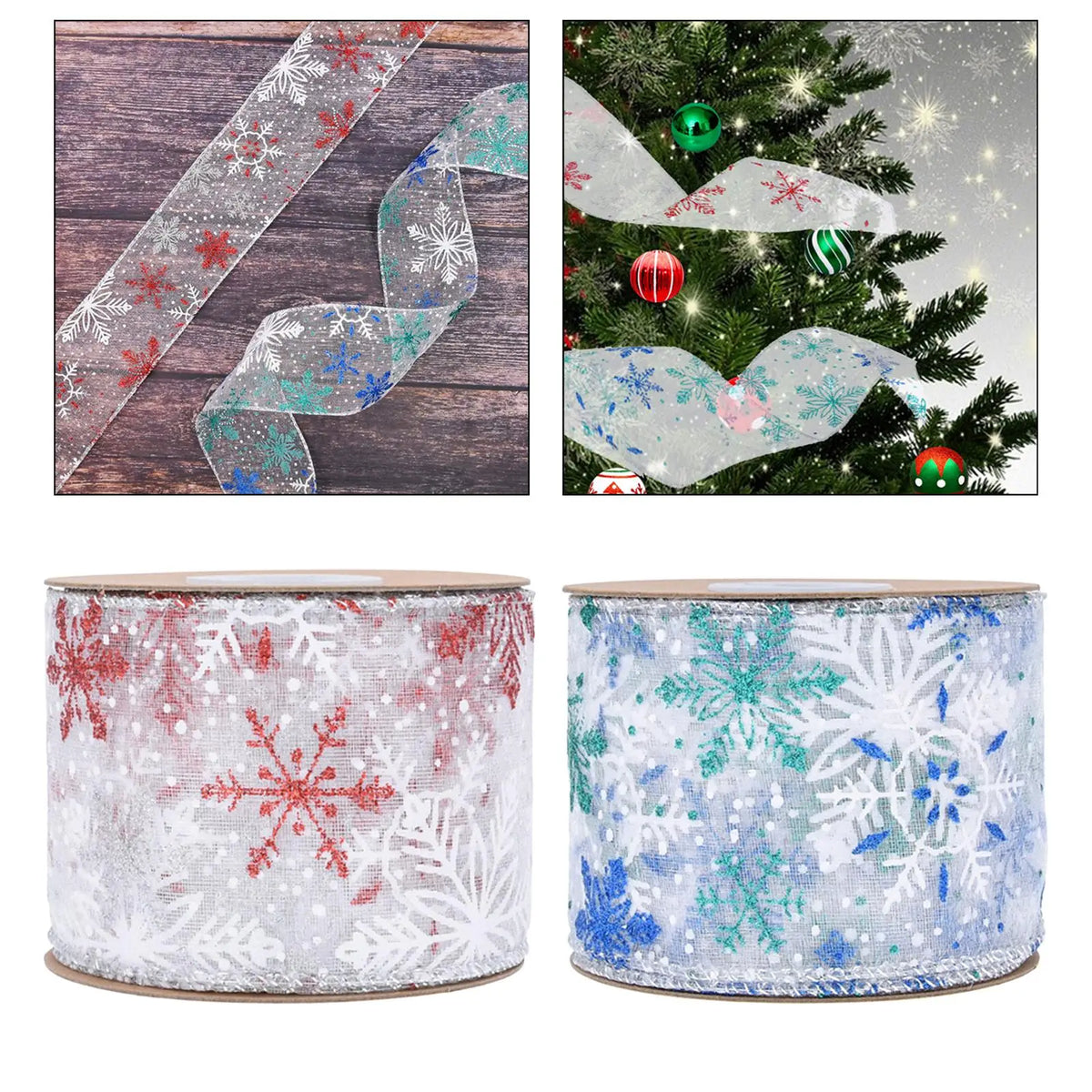 Christmas Wired Edge Ribbon 10 Yards – Festive Wreath & Bow