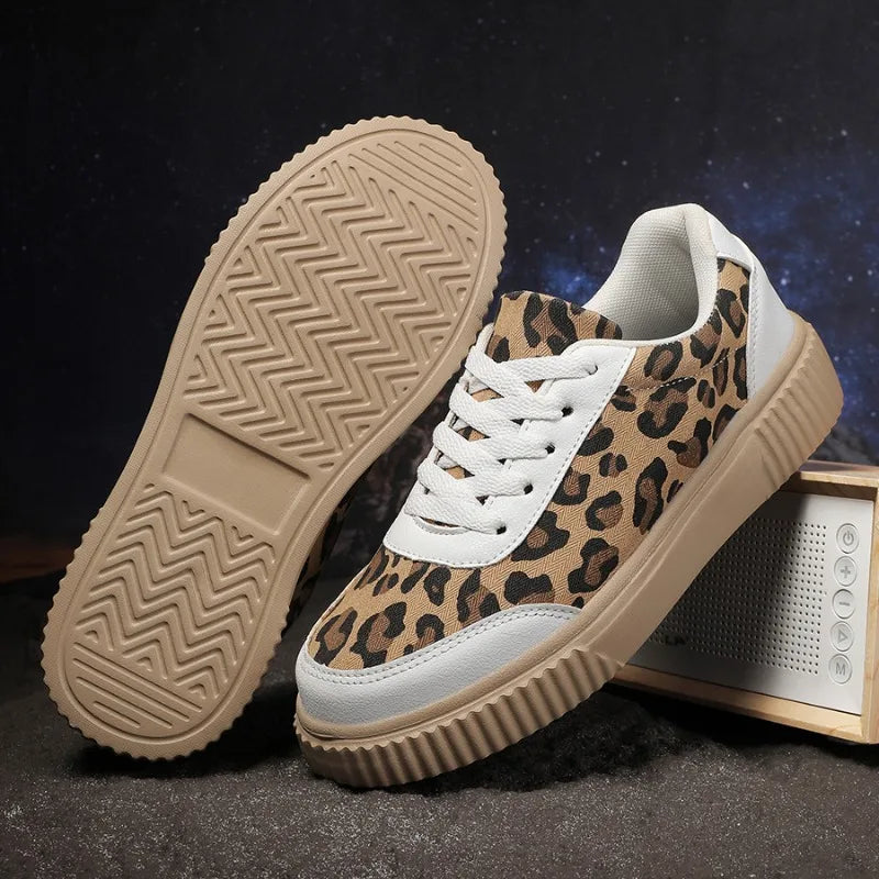 Women's Leopard Print Canvas Sneakers – Lace-Up Casual Shoes