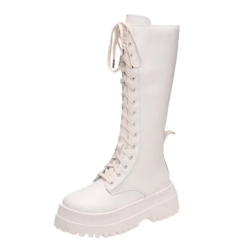 Women's Punk Platform Motorcycle Boots – Lace-Up Square Heel