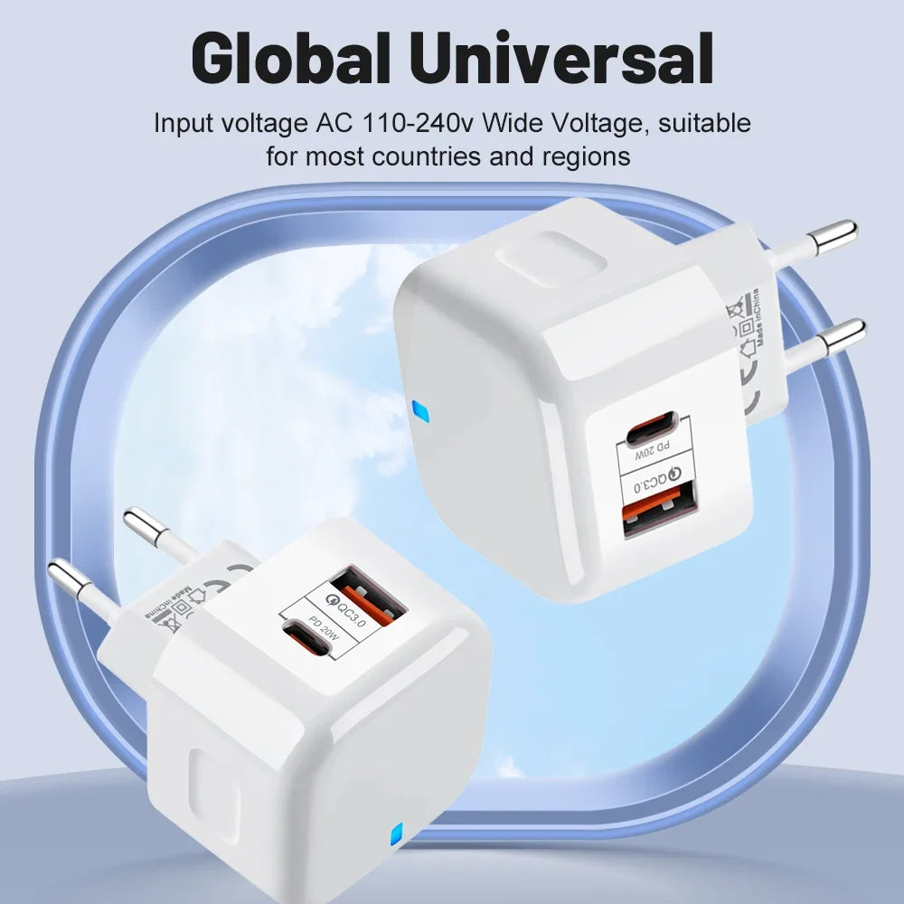 20W Dual Port USB-C PD Fast Wall Charger – EU/US/UK Plug