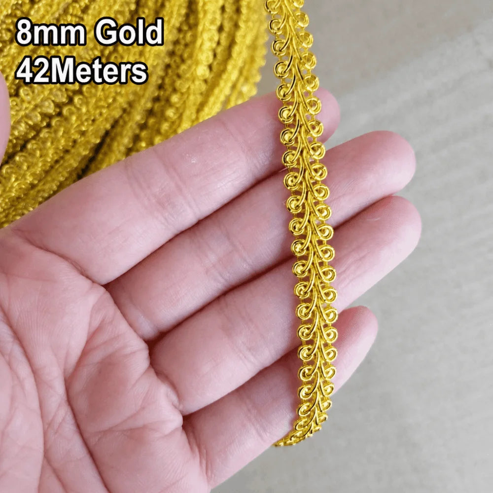 42M Herringbone Lace Trim 8mm – Gold Silver Jacquard Ribbon