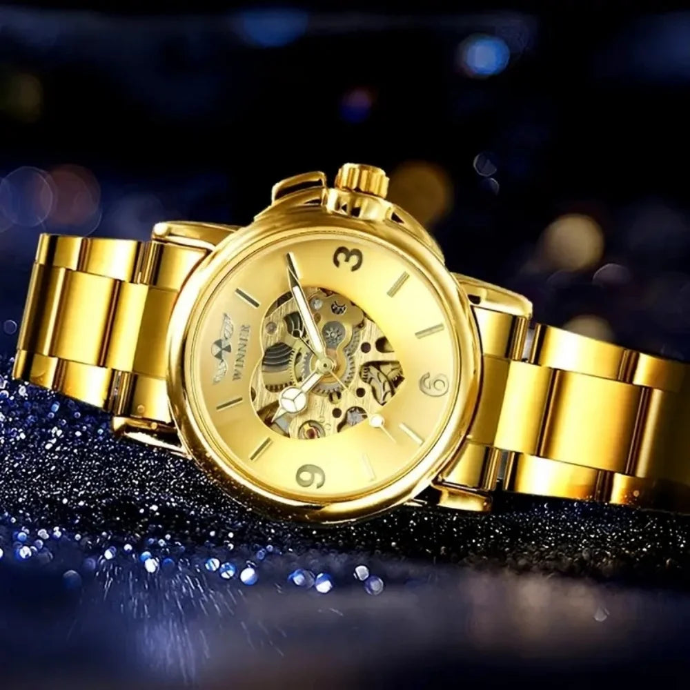 Women's Heart-Shaped Automatic Watch – Gold Hollow Dial