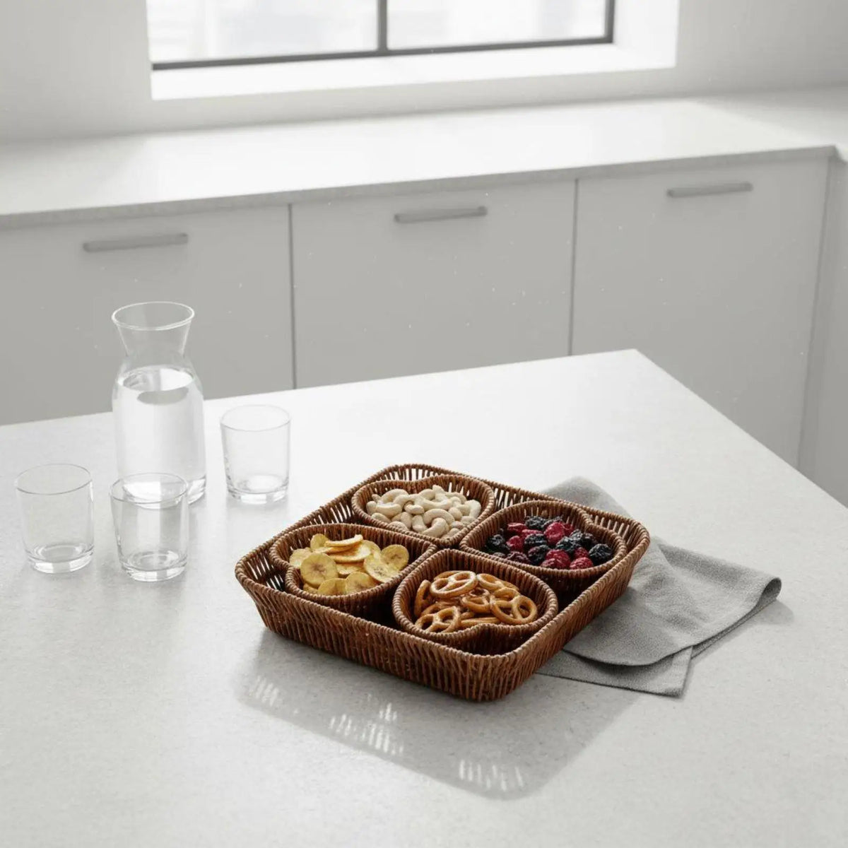 4-Compartment Woven Snack Serving Platter | Removable Dividers