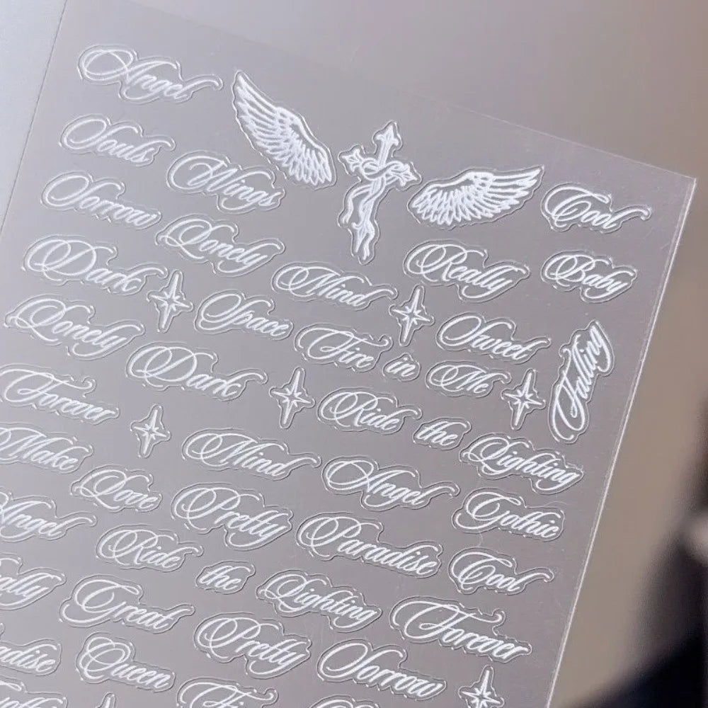 Y2K Wing & Letter Nail Art Stickers – Black & White Decals