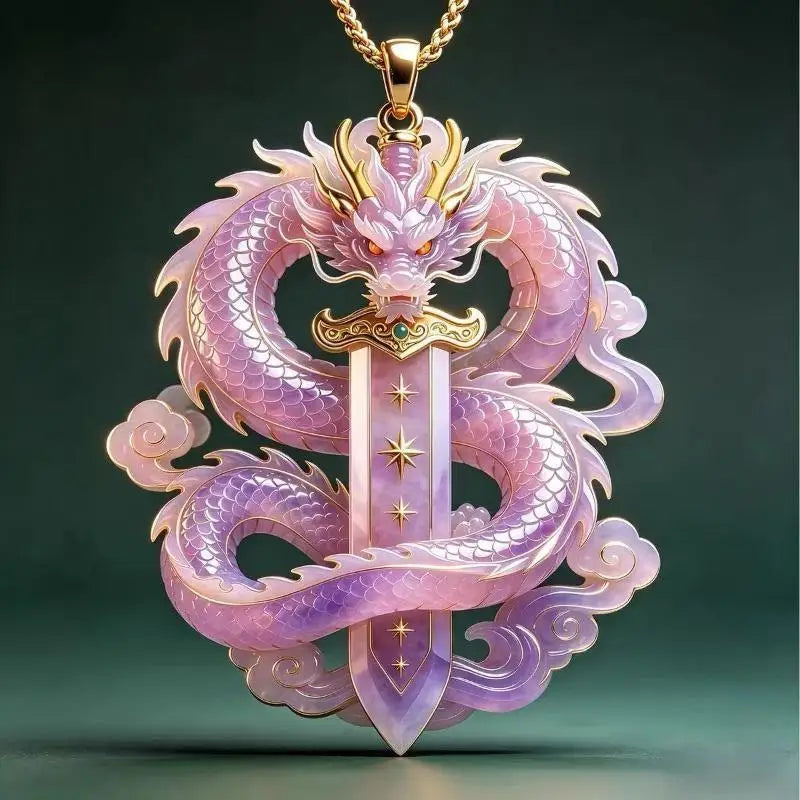 Lavender Jade Dragon Pendant Necklace | Gold-Plated Accents