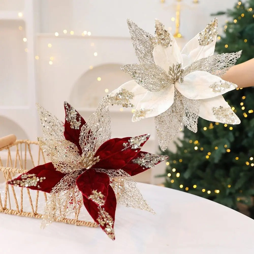 Glitter Christmas Artificial Flower 29cm – Flannel Fabric Xmas Decor