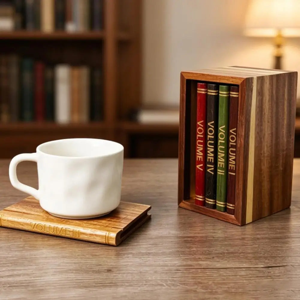 Wooden Book Coaster Set – 5 Acacia Drink Mats with Holder