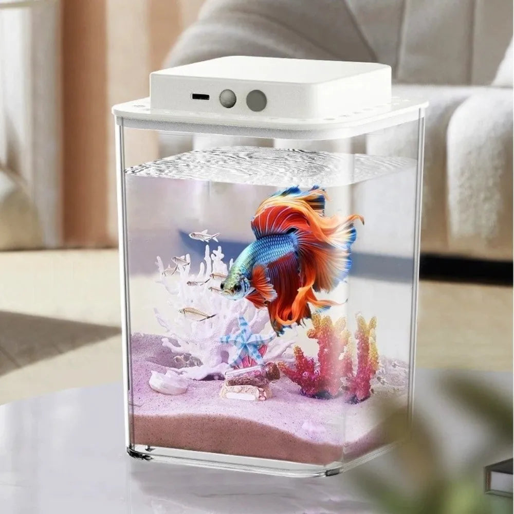 Desktop Acrylic Fish Tank – LED Light & USB Self-Circulating Filter
