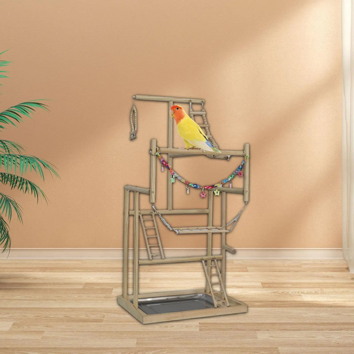 Wooden Parrot Playstand with Ladders & Swings – Budgie Parakeet