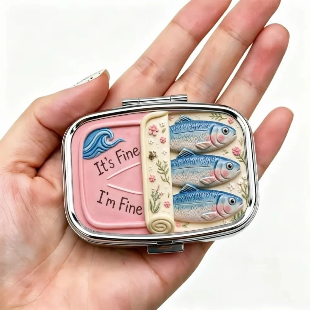 Sardine Print Metal Pill Box – 2-Compartment Mini Travel Case
