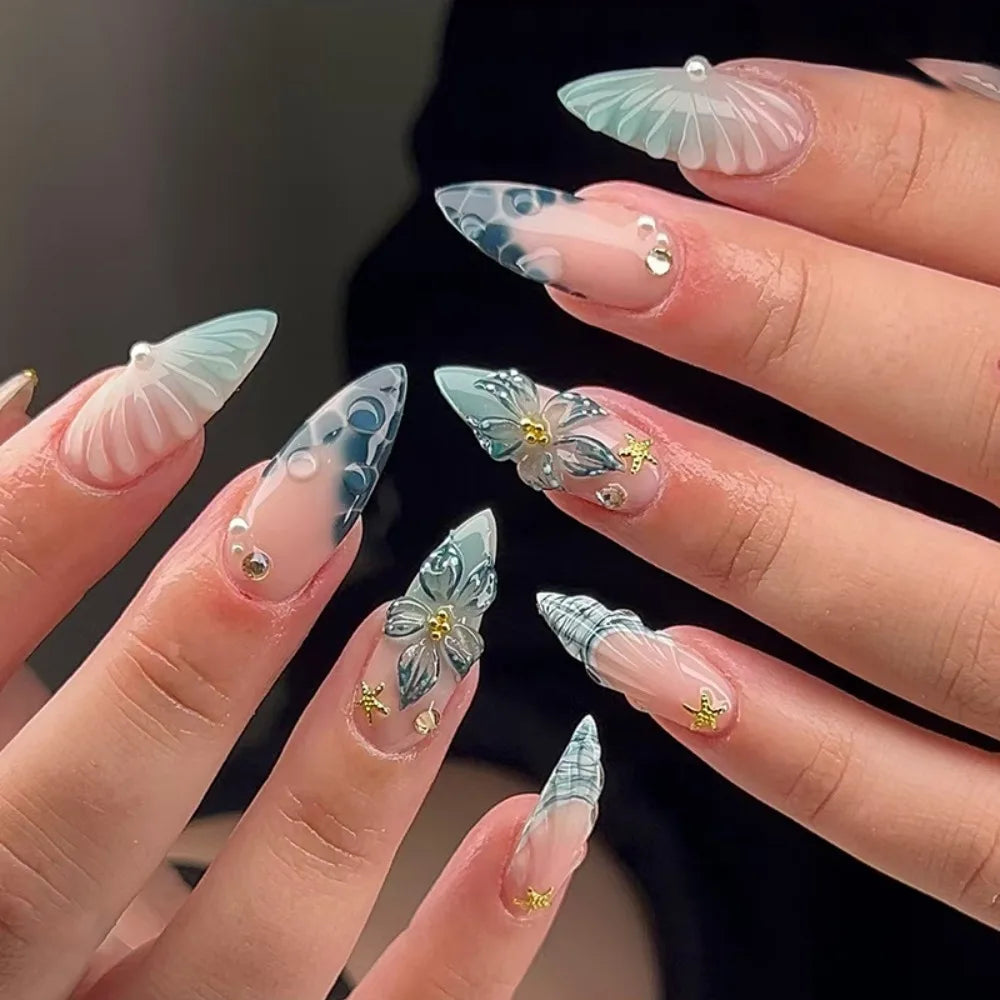 24-Piece Almond Press On Nails – Misty Blue Floral French Style