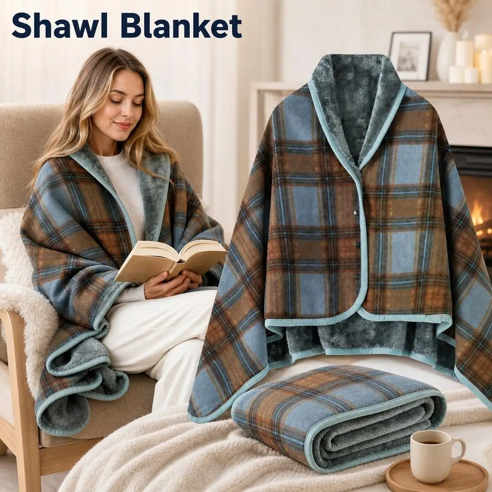 Wearable Plaid Blanket Shawl Wrap with Buttons | Fleece Throw