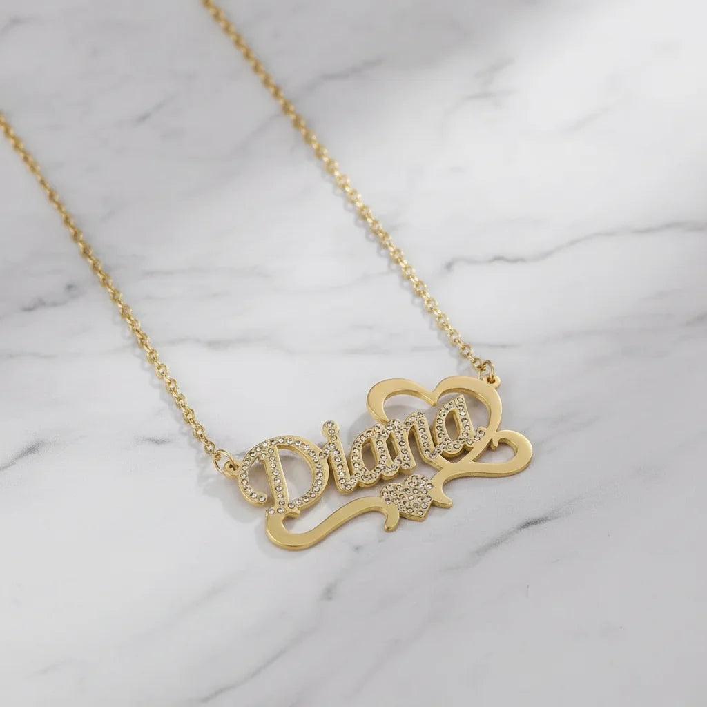 18K Gold Custom Name Zircon Heart Necklace | Personalized Gift