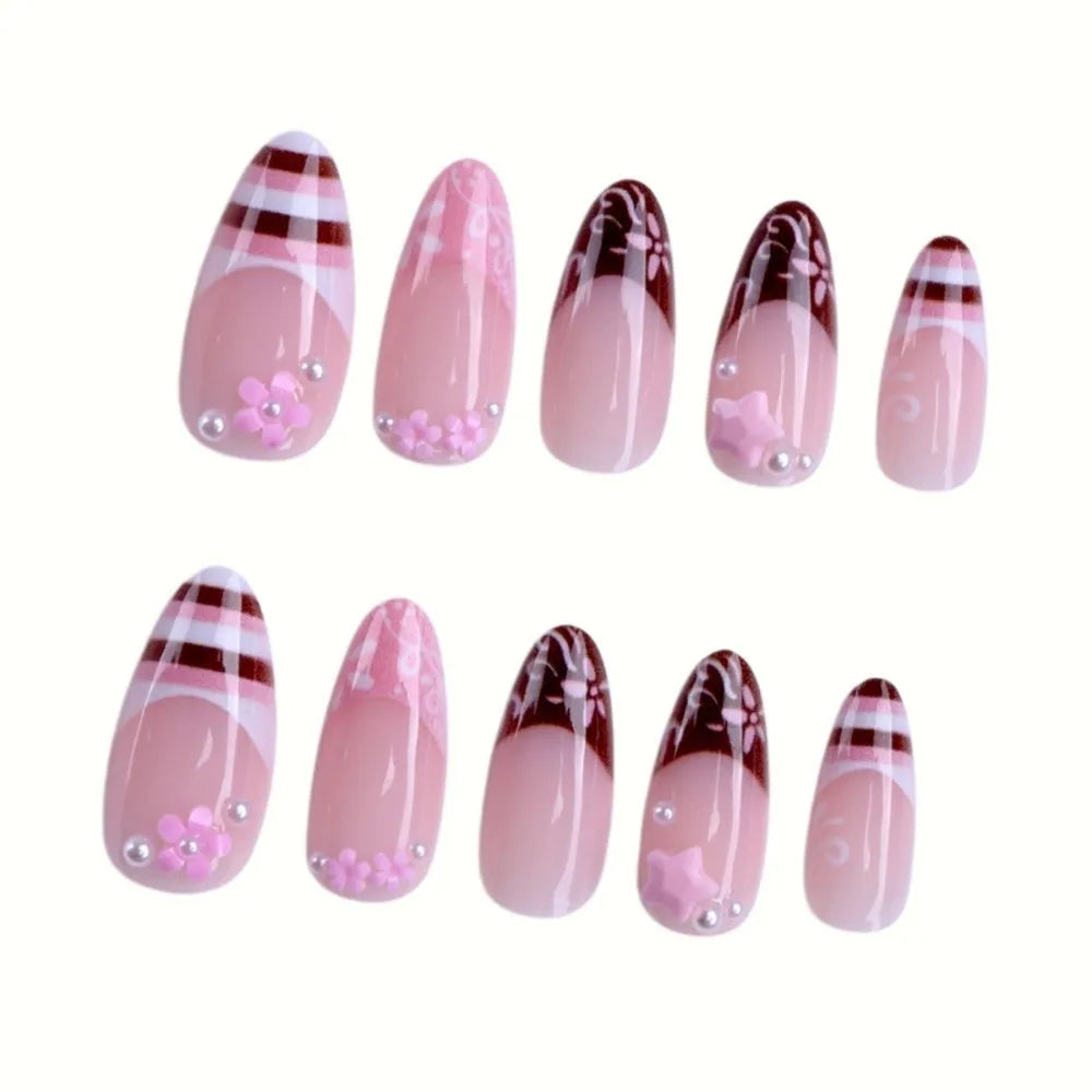 3D Floral Press-On Nails with Pearl Gel Design – 24 Pcs
