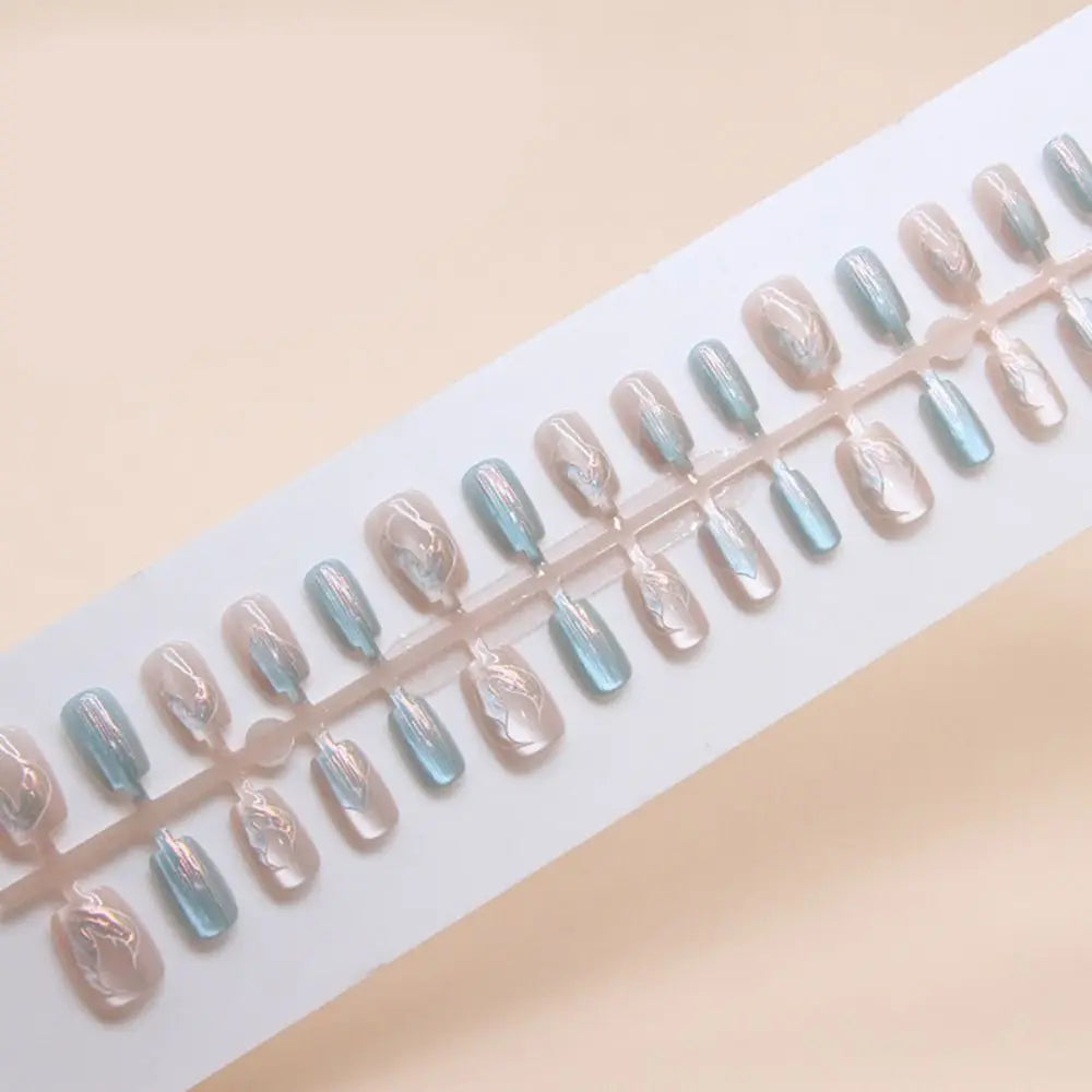 Long Square Cat Eye Press On Nails – French 24pc Set