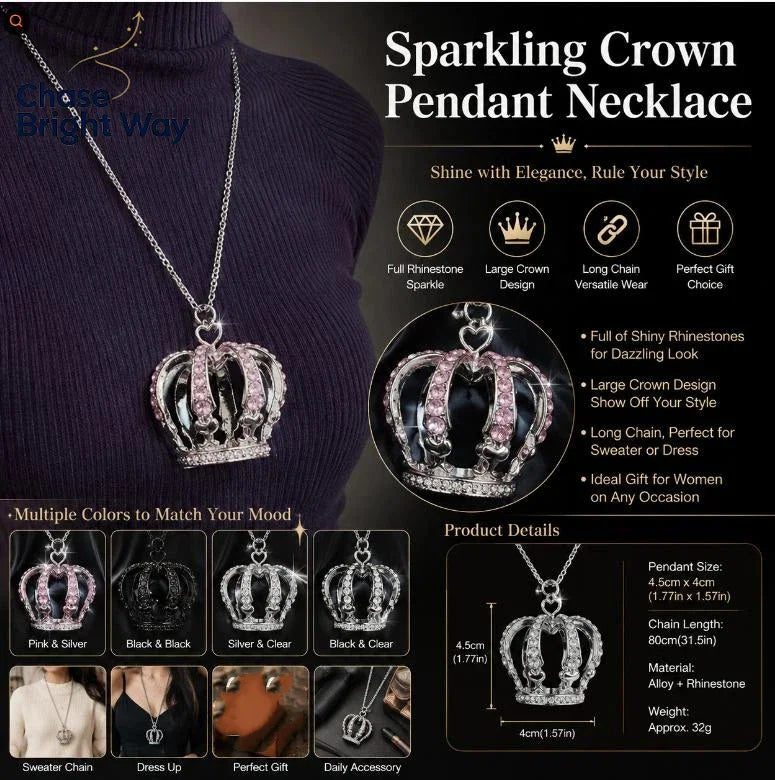 3D Rhinestone Crown Pendant Necklace – Long Sweater Chain