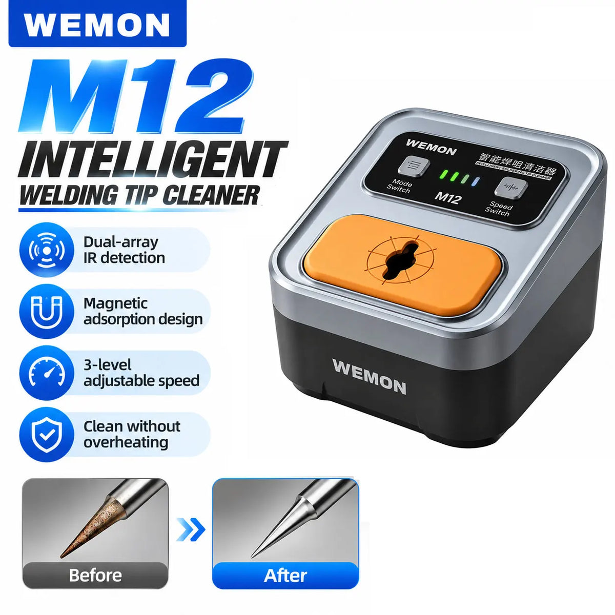 WEMON M12 Auto Soldering Tip Cleaner – IR Sensor Brass Brush
