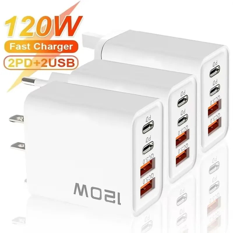 4-Port 120W USB-C PD Fast Charger – Quick Charge 3.0 Adapter