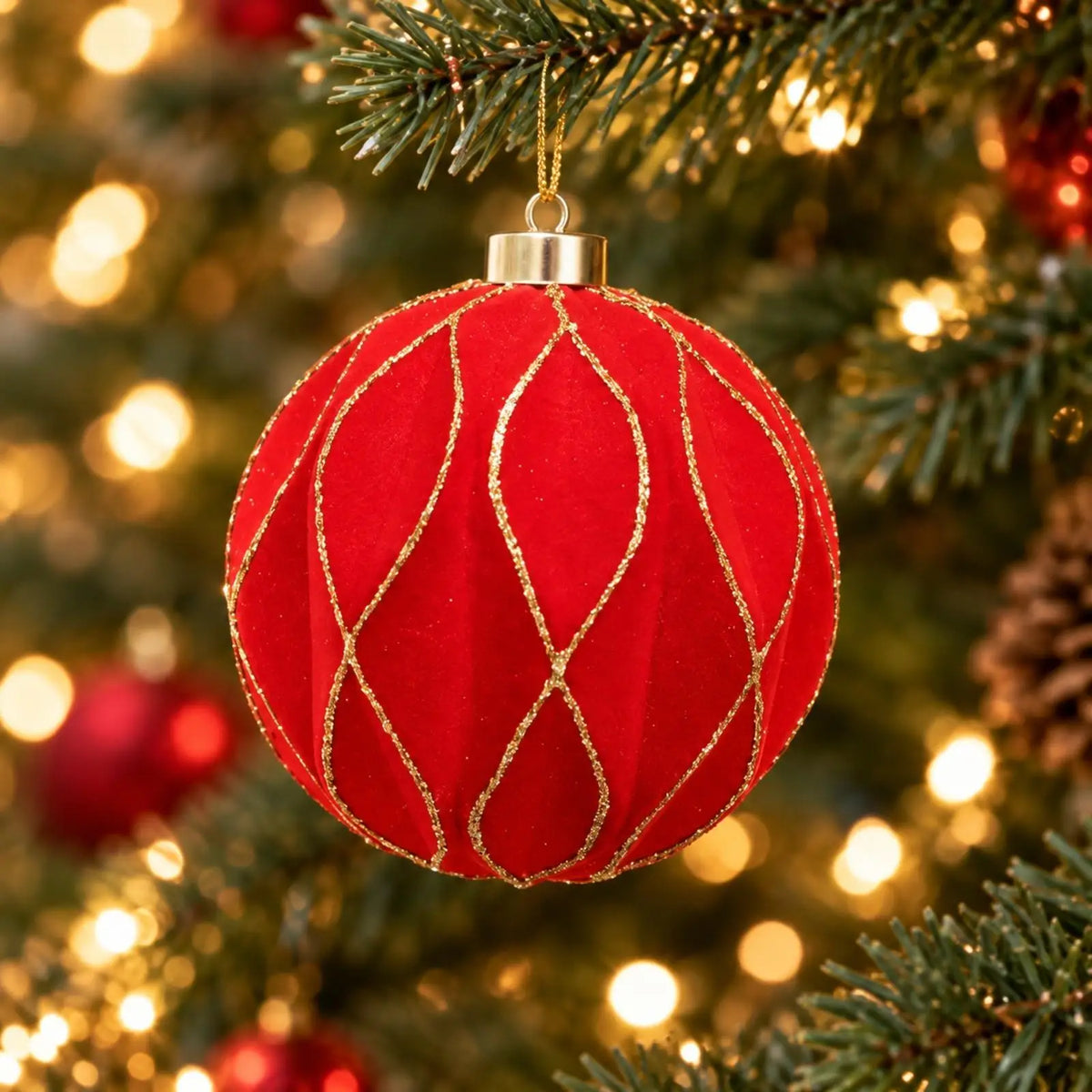 Velvet Christmas Ball Ornaments Golden Glitter Plush Set of 6