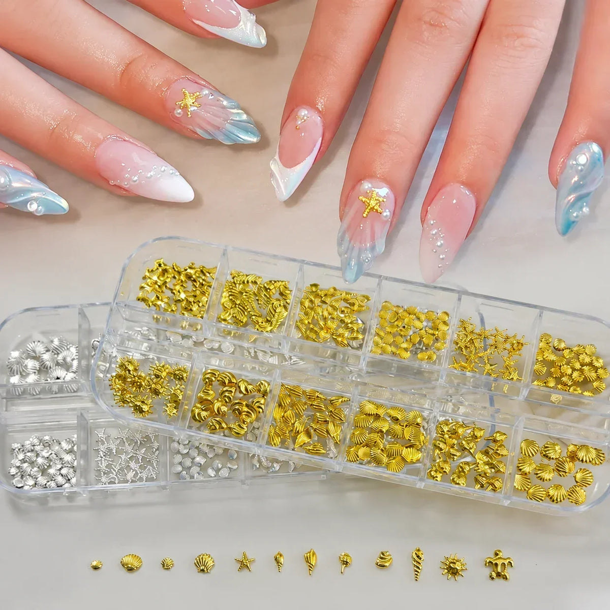 Ocean Metal Nail Charms – 12-Grid Shell Starfish Gold Silver