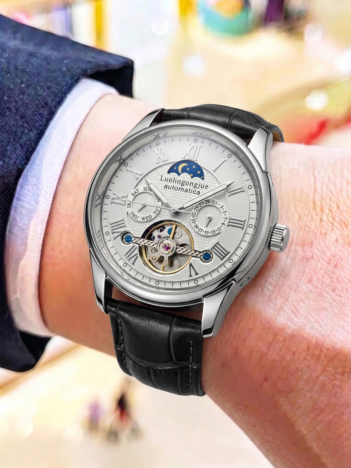 Skeleton Automatic Men's Watch – Moon Phase & Roman Numeral