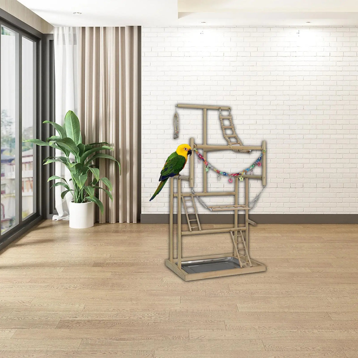 Wooden Parrot Playstand with Ladders & Swings – Budgie Parakeet