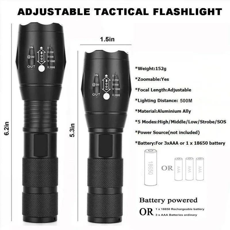 T6 LED Flashlight 1000 Lumen Zoomable 5-Mode Waterproof Torch