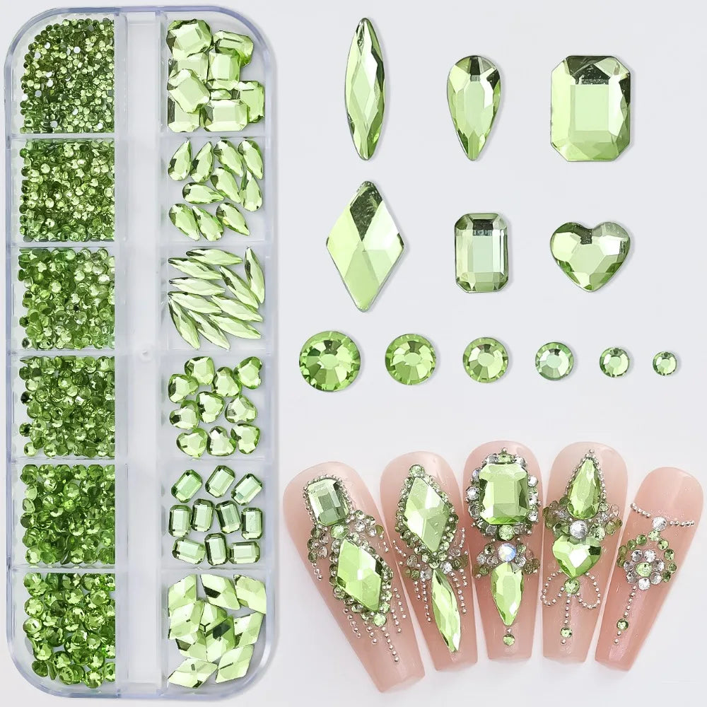 12-Grid 3D Nail Art Rhinestones – Mixed Flatback Gems & Charms