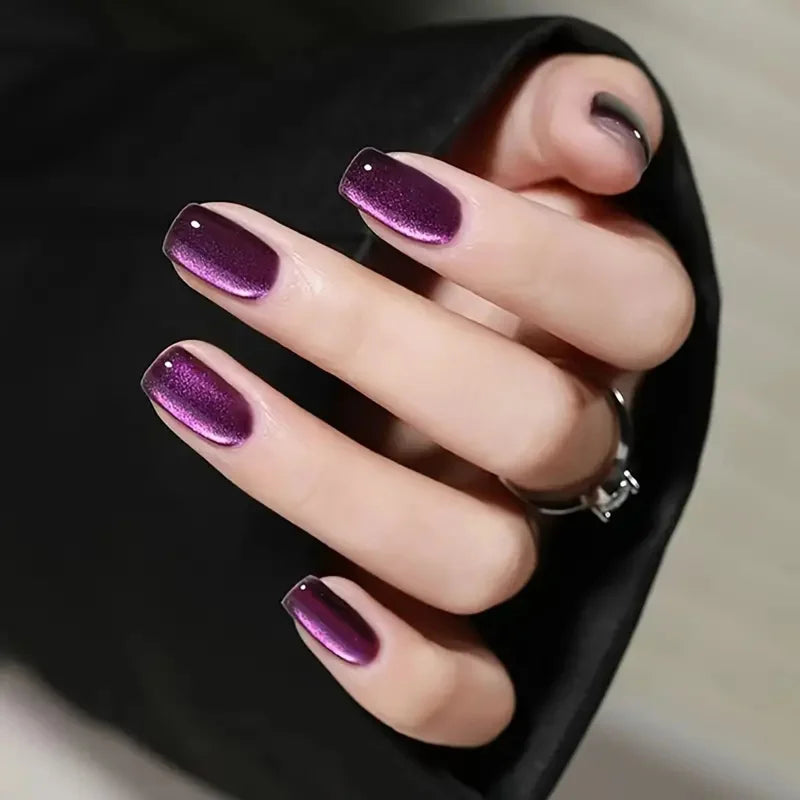 24pcs Short Square Press On Nails – Cat Eye Glitter Ballet Tips