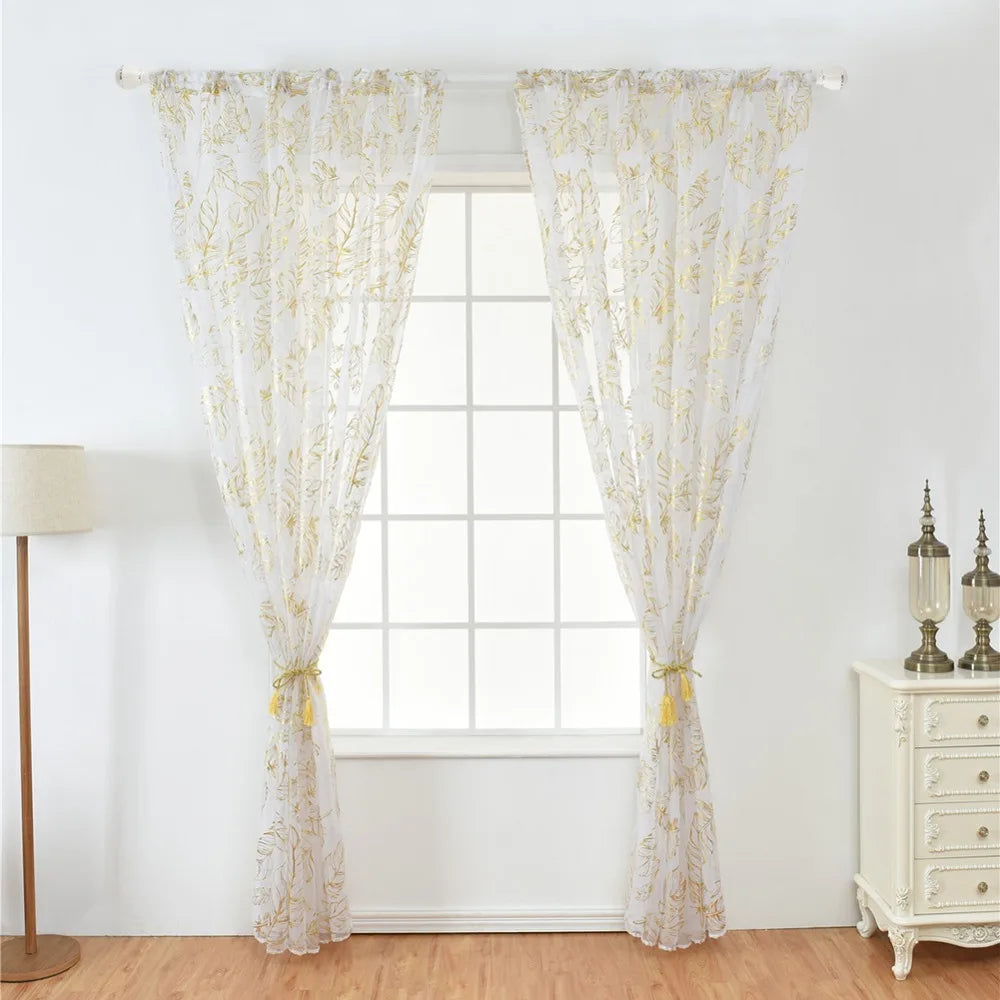 Gold Foil Floral Sheer Curtains – Metallic Voile Drapes 52×63"