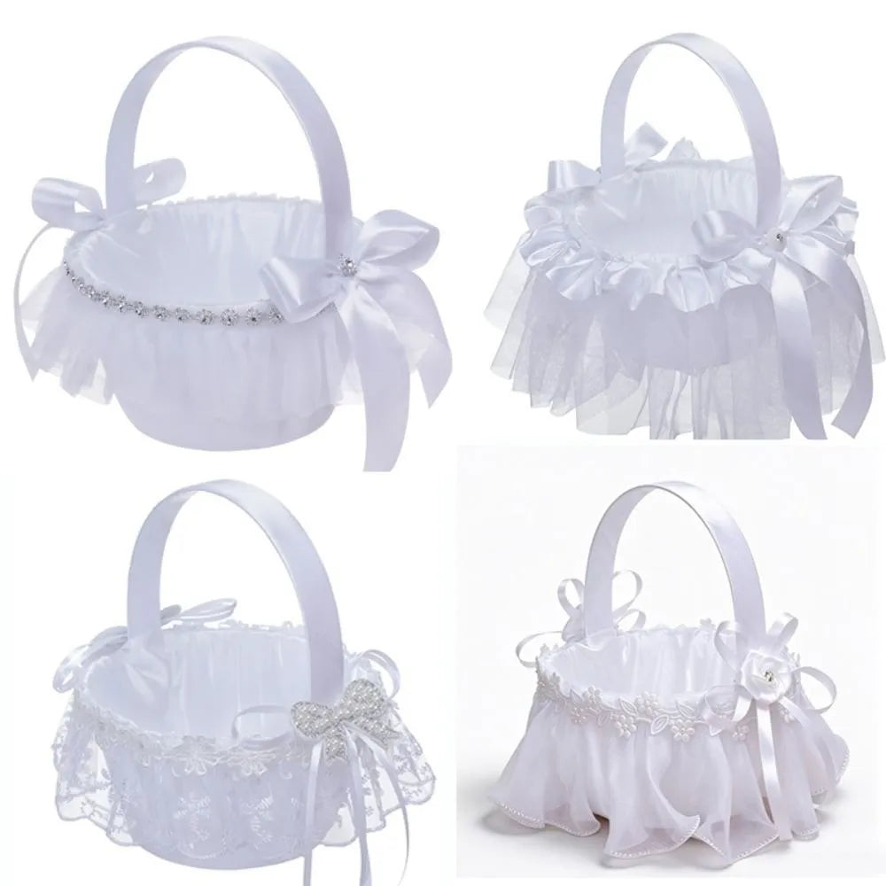 White Satin Flower Girl Basket – 4 Styles | Pearl & Lace