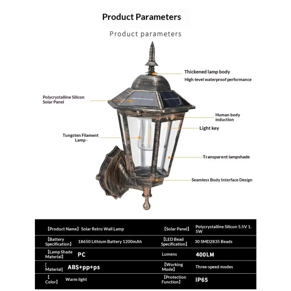 Solar Vintage Outdoor Wall Light | Motion Sensor & IP65 Waterproof