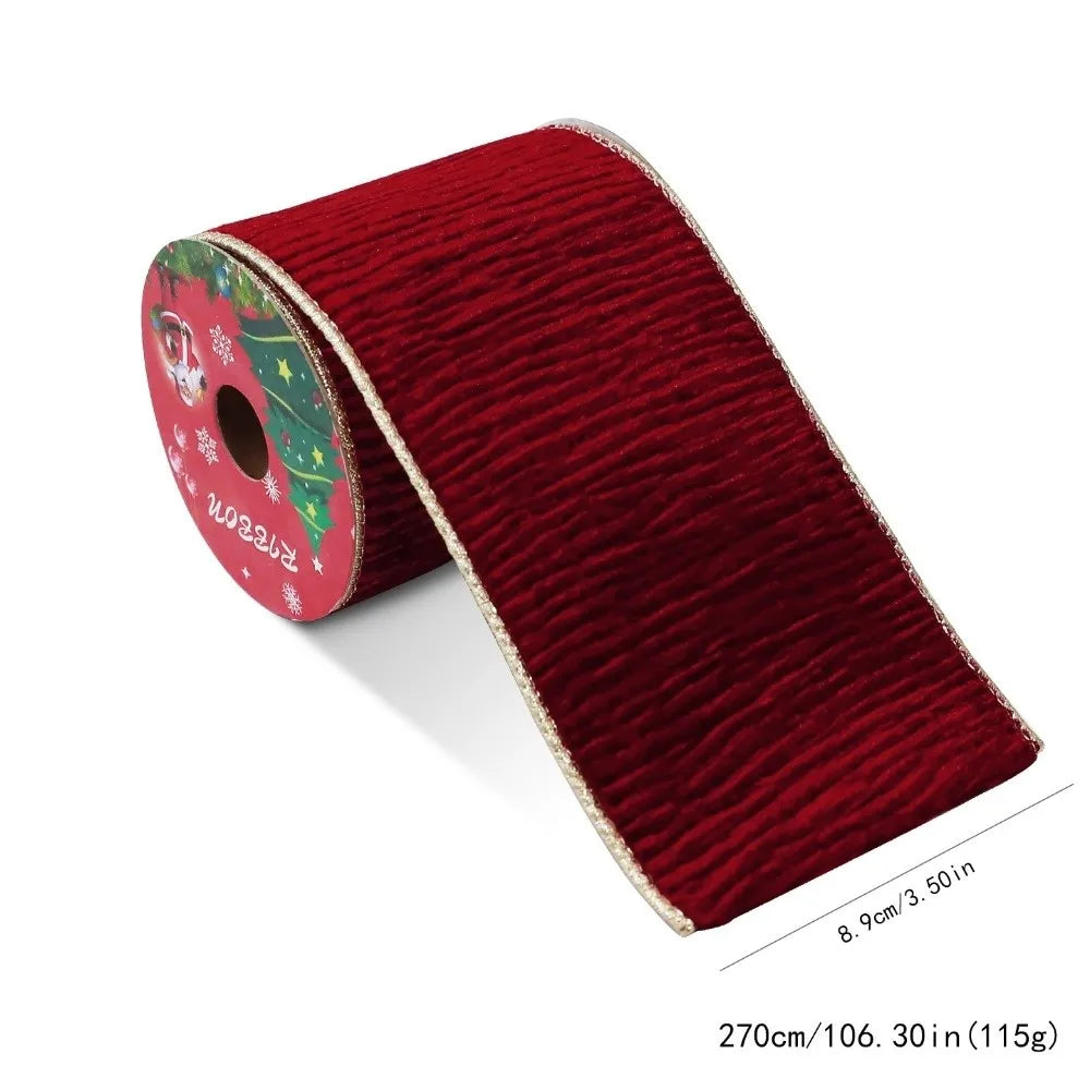 Christmas Velvet Ribbon 3 Yards – Gold Wire Edge, 8.9cm Wide