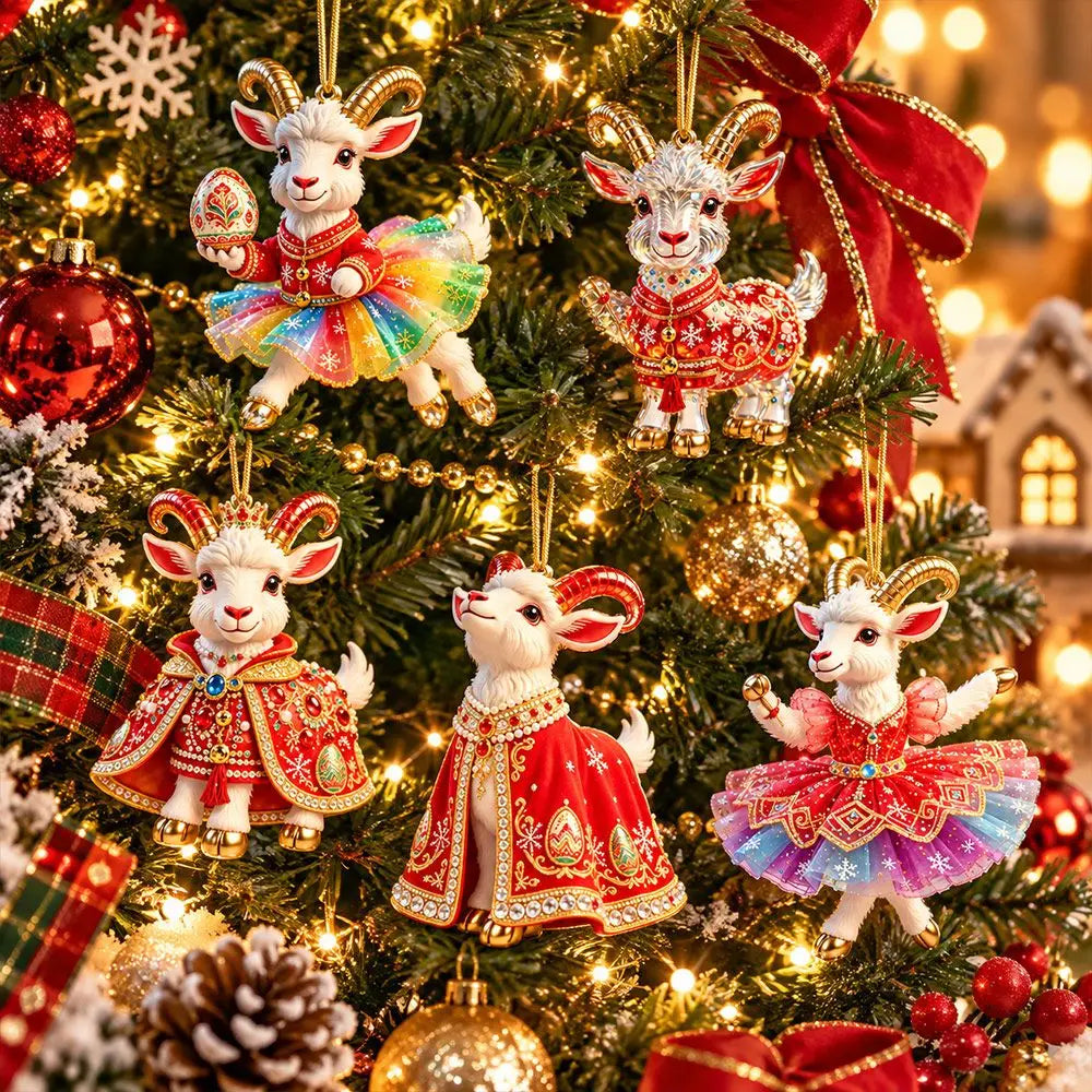 Rhinestone Goat Ornaments Set of 5 – Acrylic 2D Flat Holiday