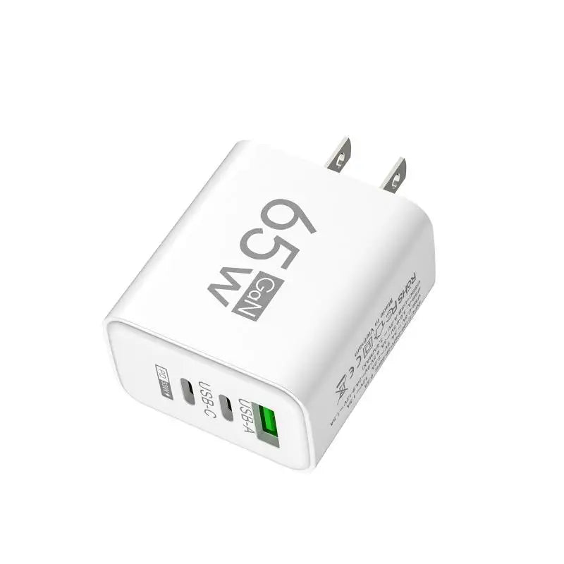 65W GaN 3-Port Fast Wall Charger – Dual USB-C + USB-A EU Plug