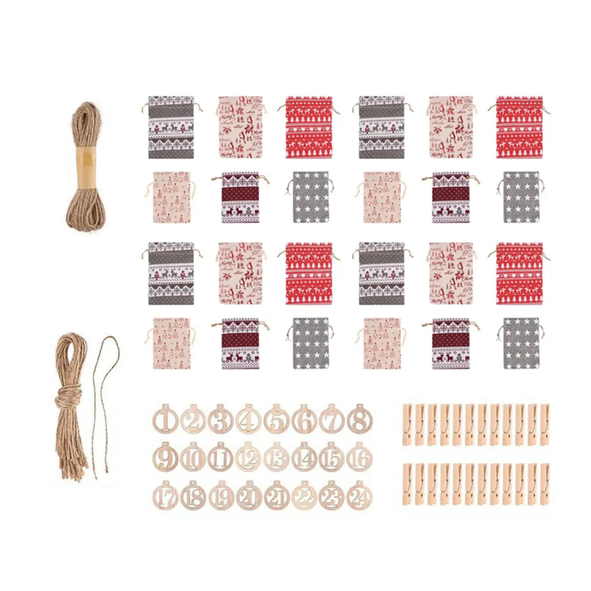 24-Pc Christmas Advent Calendar Burlap Bags with Clips