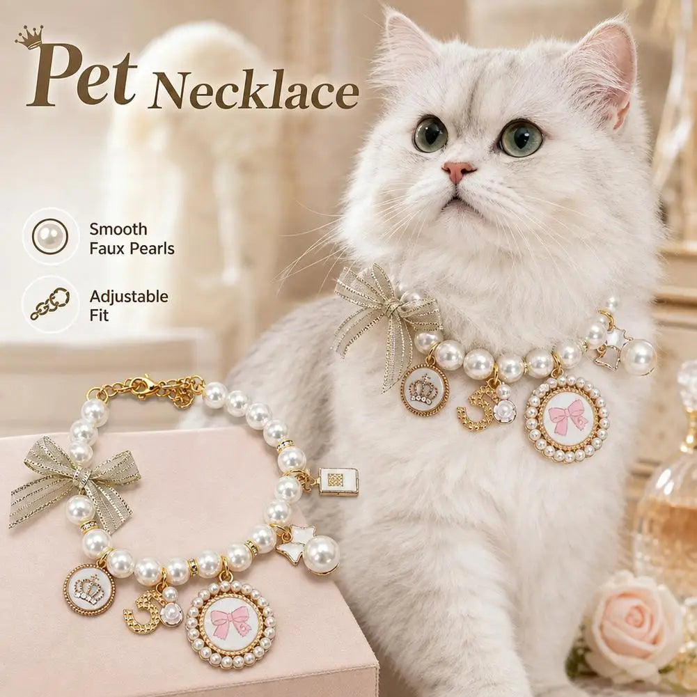 Pet Pearl Collar Bow Pendant – Princess Necklace Cats & Dogs