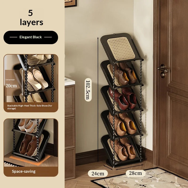 Vintage Rattan Multi-Tier Shoe Rack Entryway Organizer