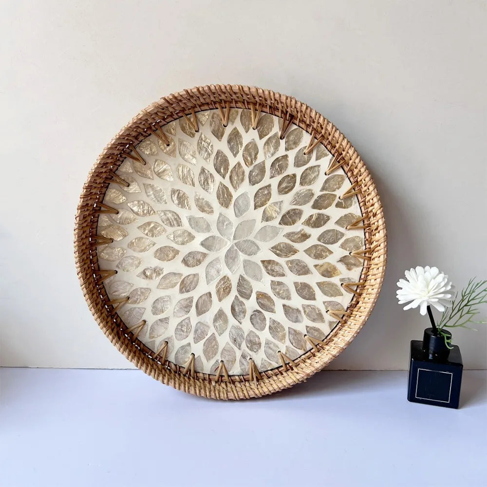 Shell Mosaic Round Woven Rattan Tray | Boho Home Decor