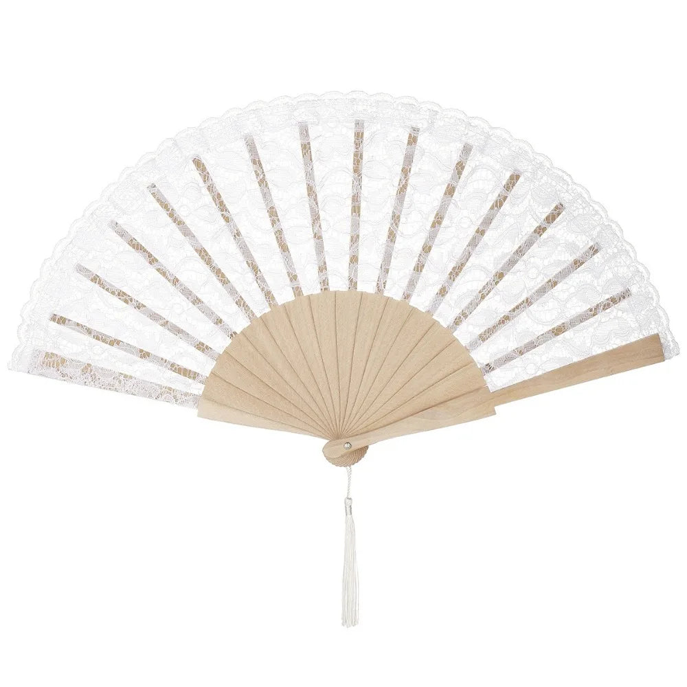 Vintage Chinese Lace Folding Fan – Flower Tassel Wood Hand Fan