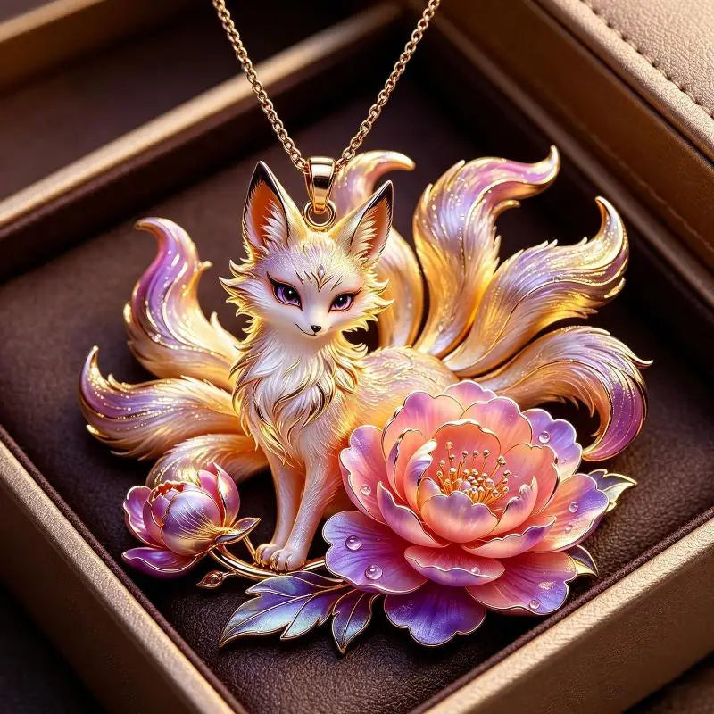 Nine Tailed Fox Enamel Pendant | Chinese Style Gold Necklace