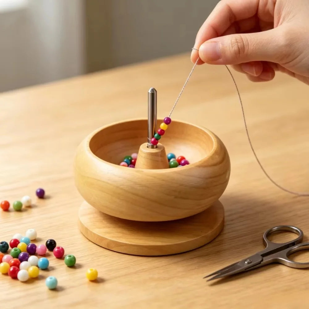 Wooden Bead Spinner Bowl & Needle – DIY Jewelry Making Tool