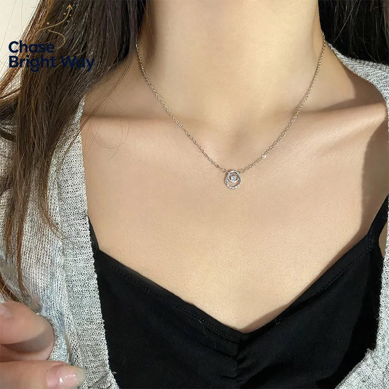 Silver Circle Zircon Pendant Necklace – Women's Clavicle Chain