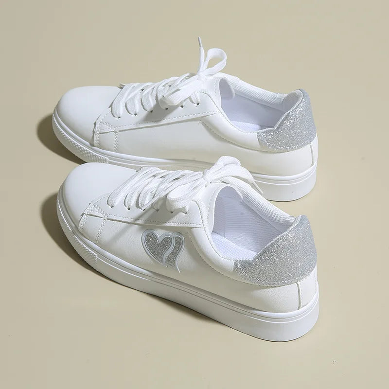 LEDP Women's Lace-Up Sneakers – Lightweight Heart Print Flat Shoes